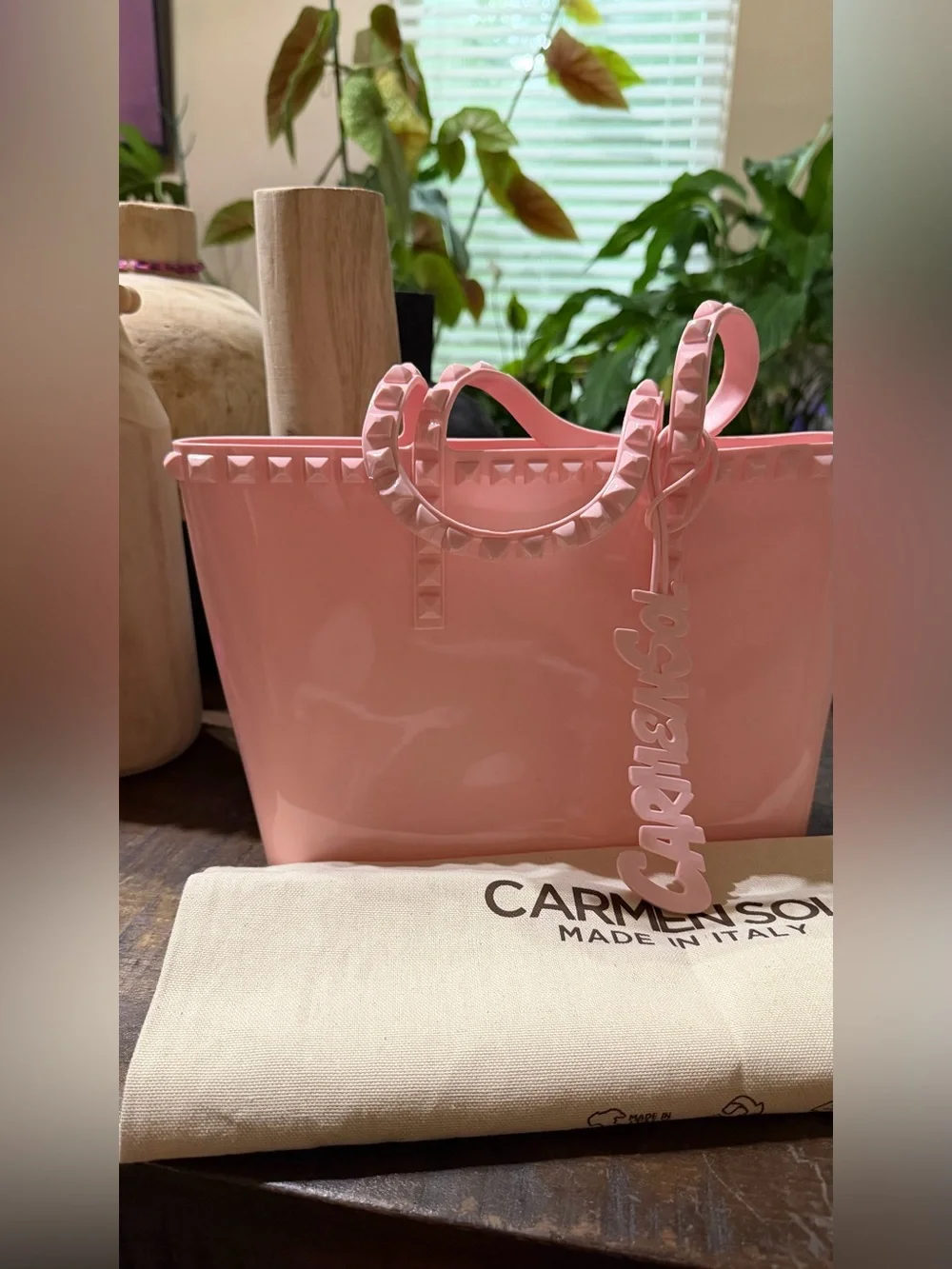 NWOT Carmen Sol Baby Pink Studded Jelly Tote Made in Italy Dust Bag